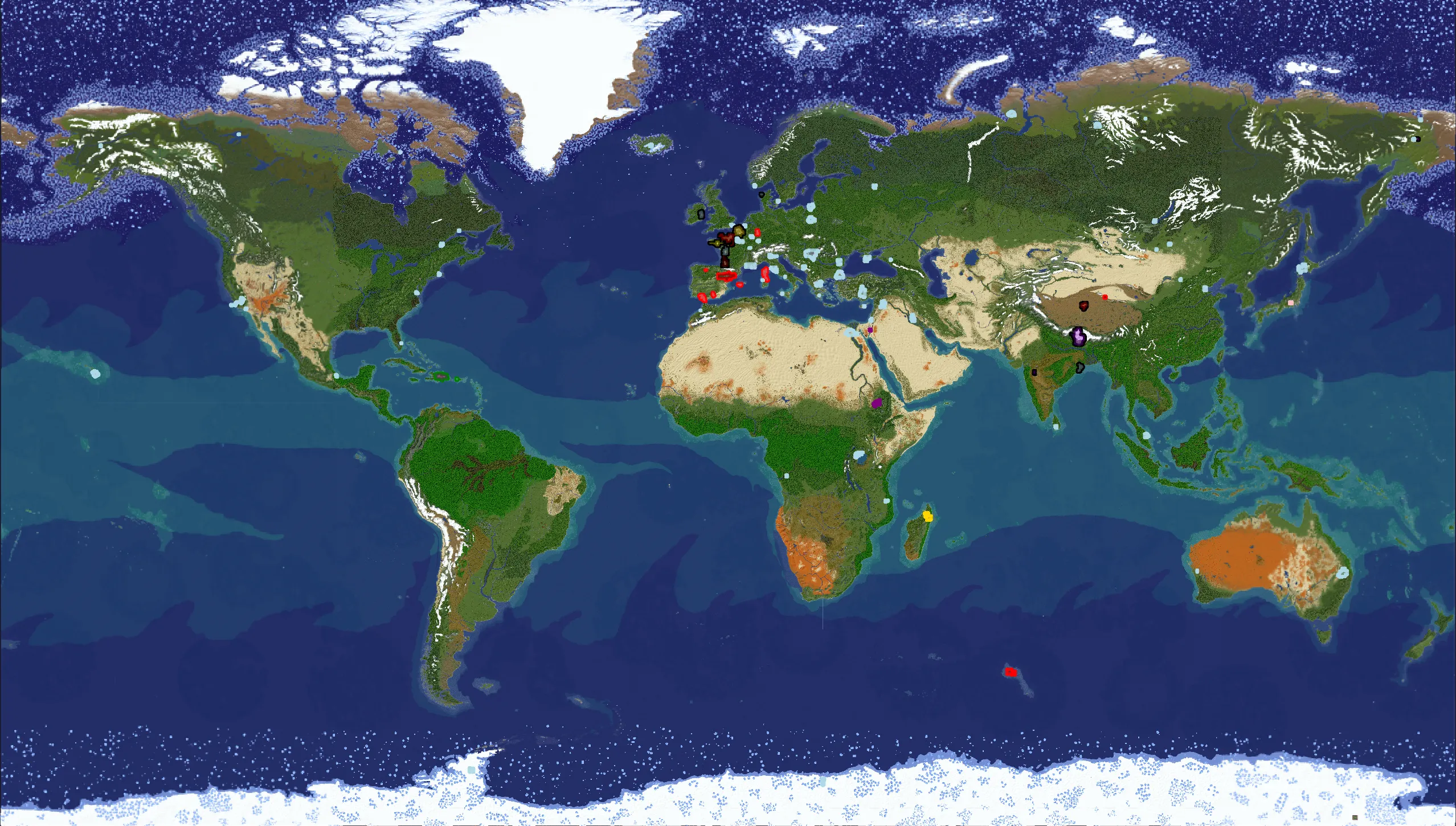 Novania's world map: the whole Earth at 1:1000, with the players' town claims